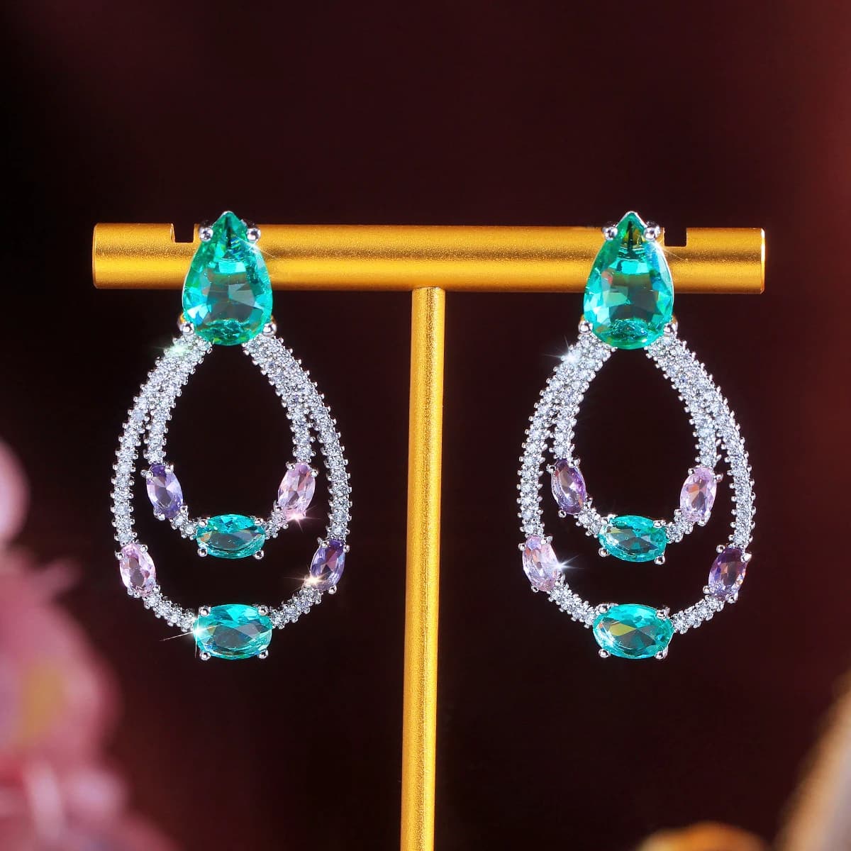 CWWZircons Splendidi Doppio Cerchio Goccia Azzurro Cubic Zirconia Cristallo Ciondola Gli Orecchini Alla Moda Femminile Del Partito Gioielli Regali E0318