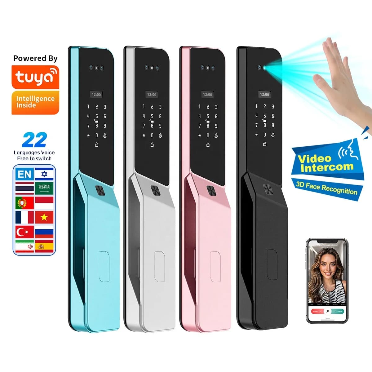 HanDaily 3D Face Recognition Video Talking Intercom Smart Door Lock with Voice App Remote Control Wifi Door Lock