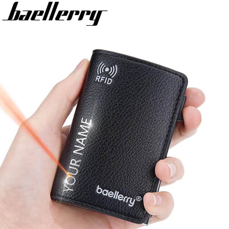 Baellerry Nuovo Breve RFID Nome Incisione Portafogli per carte da uomo Mini Porta carte Portafogli maschili Portafoglio popup da uomo piccolo Fermasoldi