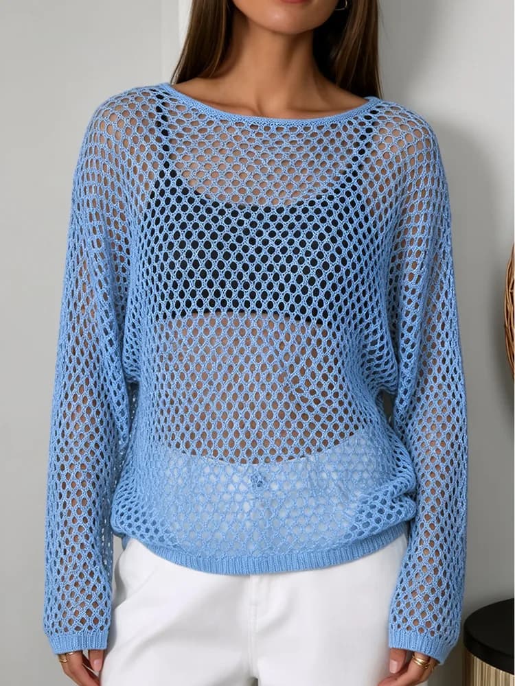 Nuova Blusa Estiva 2026 da Donna con Trafori, Top Lavorato a Maglia Elegante e Comodo a Maniche Lunghe