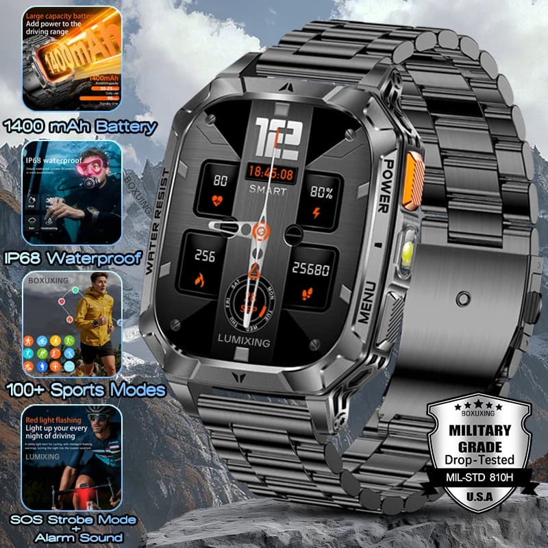 New 1400 mAh Battery Military Grade Smartwatch Men 2.01" AMOLED Screen IP68 Waterproof Sports Fitness Bluetooth Call Smart Watch