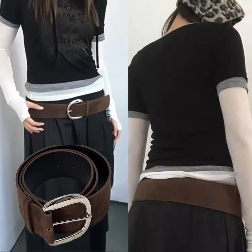 Cintura Larga in Pelle Scamosciata Stile Maillard, Design di Lusso, Fibbia a Perno, Versatile, Trendy, per Business, Regalo