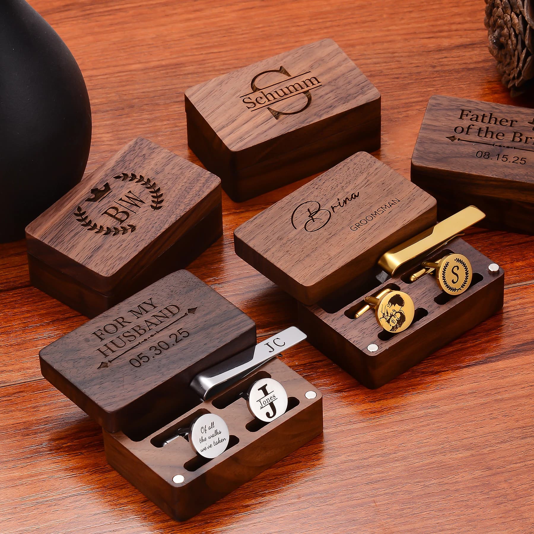 Gemelli in metallo personalizzati Fermacravatta Scatola di legno Regalo inciso per uomo Papà Groomsmen Camicia da lavoro Set di gemelli personalizzati