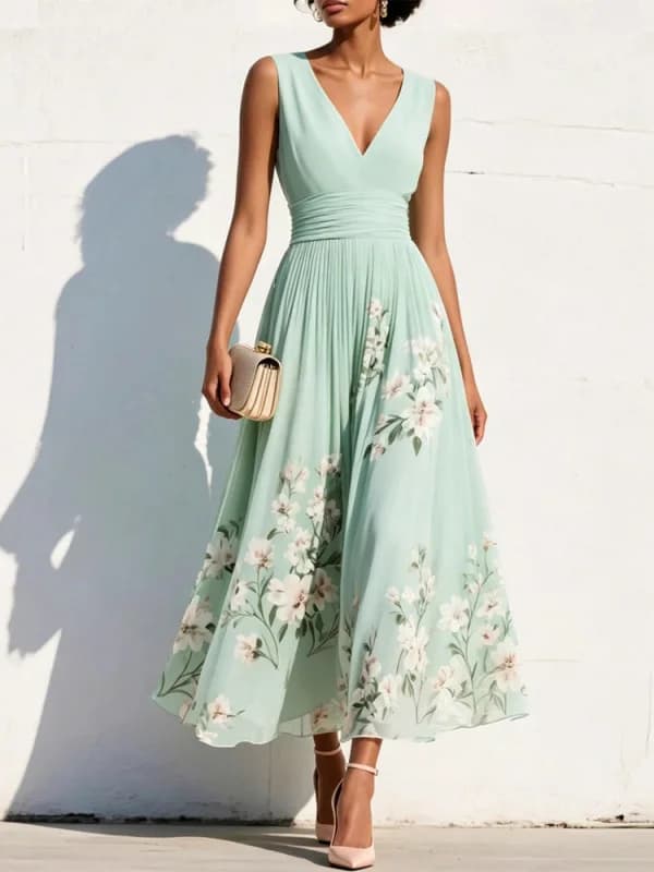 Vacation Style V-neck Floral Print Long Dress Women's A-line Skirt Waist-cinching Pleated Romantic Slimming Dress
