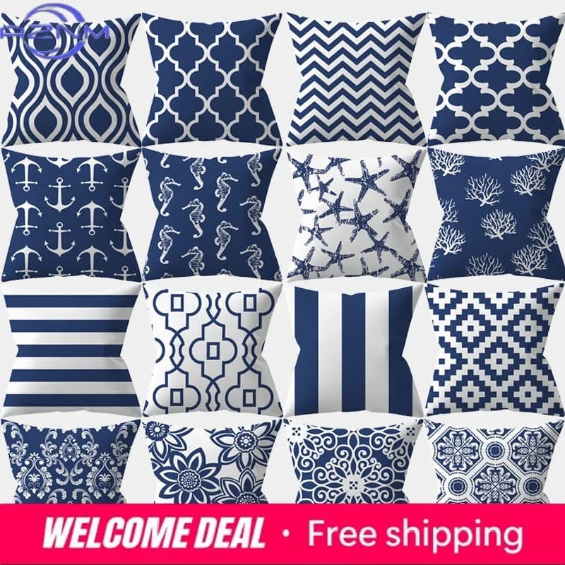 Fodera per cuscino blu navy con mandala geometrico nordico 45x45, decorativa per divano e casa, in poliestere