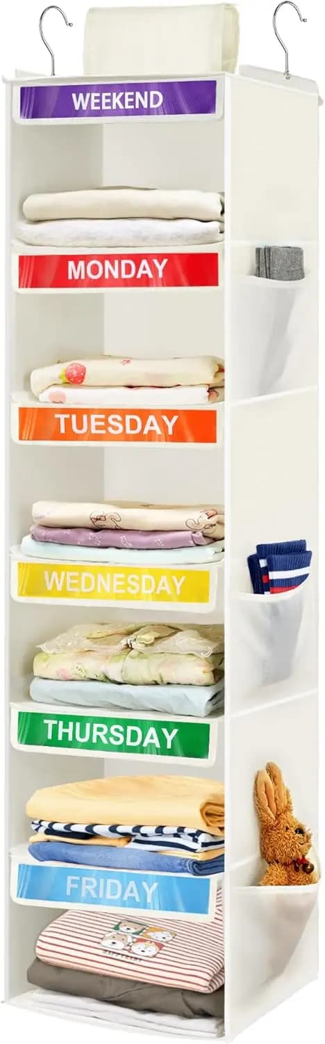 Organizer for Children's Dresses at 6 shelves with Weekday Labels, White Suspended Container for Boys and Girls