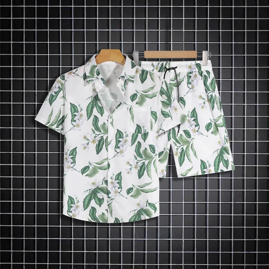 Classic Comfortable Hawaii leaf calligraphy 3D Print shirt +Shorts Two Piece Set Short Sleeve Flip collar shirts half pants