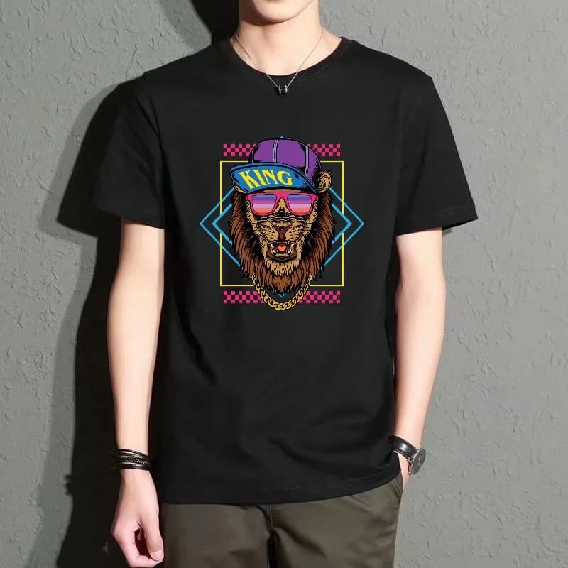 Men's Black Round-Neck Short-Sleeved T-Shirt, Trendy Lion Print Loose Top, Street Style Casual Versatile Item, Breathable Summer Fashion Item for Everyday Outings