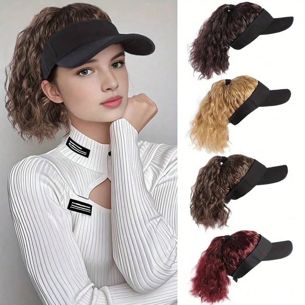 Cappello da donna sintetico da 12 pollici con parrucca effetto onda d'acqua e coda di cavallo, cappello con parrucca, berretto da baseball nero regolabile da donna con parrucca