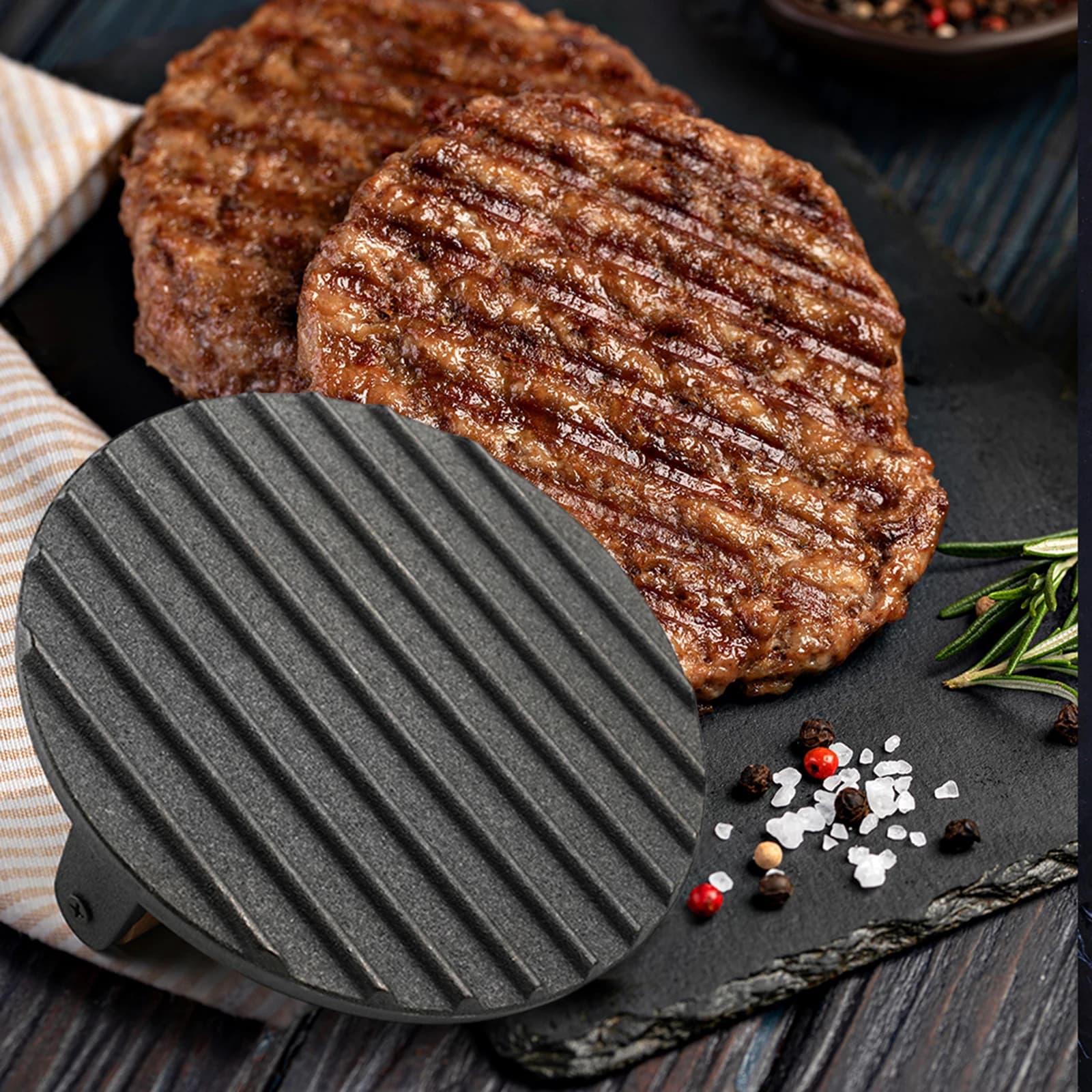 Piccola Pressa per Bacon con Manico in Legno, Pressa per Hamburger in Ghisa Antiaderente, Tavoletta per Pressare Carne e Bistecche per Panini e Barbecue all'Aperto