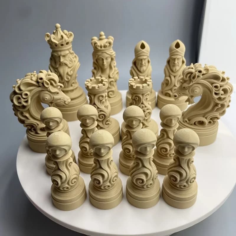 3D-printed bones and crowns - Baroque-style chessboard set of international chess pieces for decoration