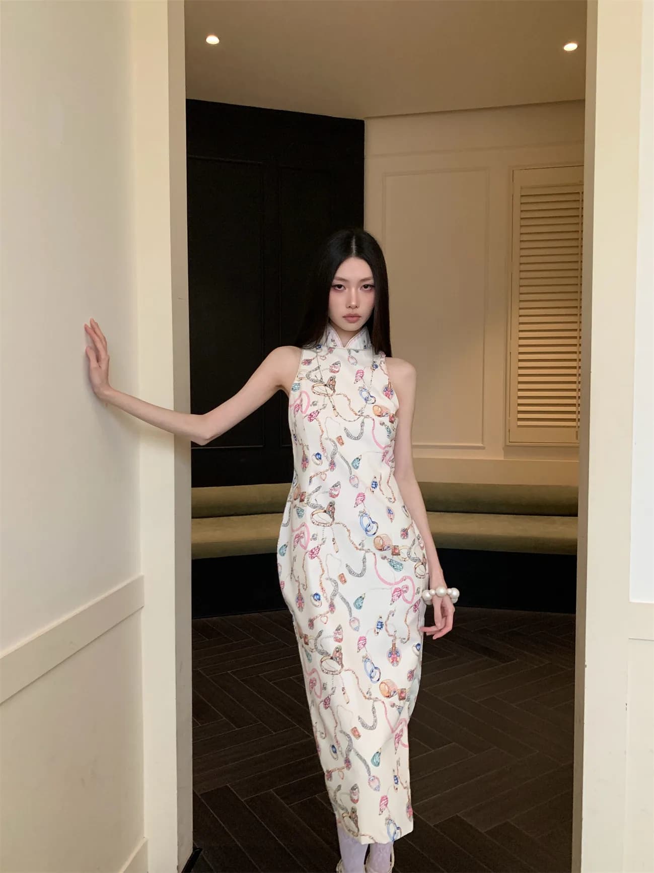 TaoYuanFeifei QiongYao Jewelry Print Silk Backless Chain New Chinese Style Reformed Dress Vintage Style ...