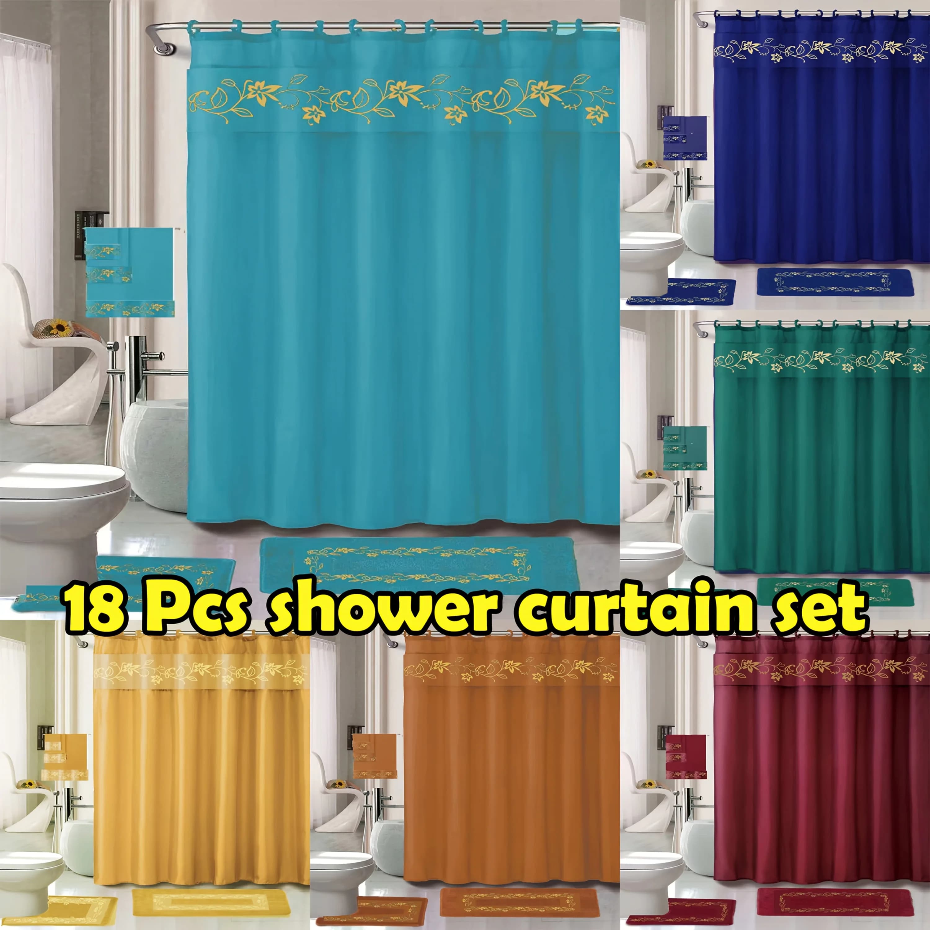 Set di 18 Pezzi per Doccia con Ricami, Tappetino Antiscivolo per Bagno e Elegante Tenda Coordinata, Set di 3 Asciugamani