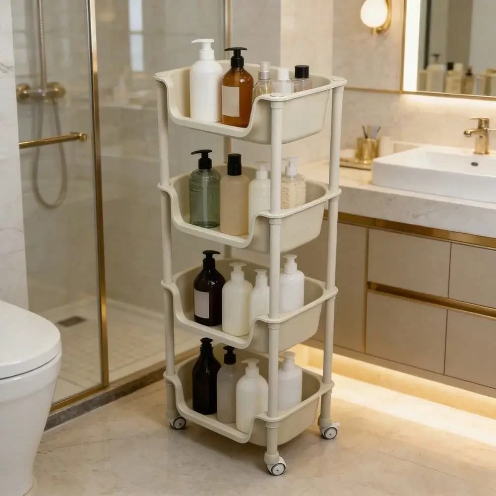 Carrello portaoggetti bianco con ruote, organizer in plastica resistente, scaffali multiuso facili da montare per cucina, bagno, camera da letto