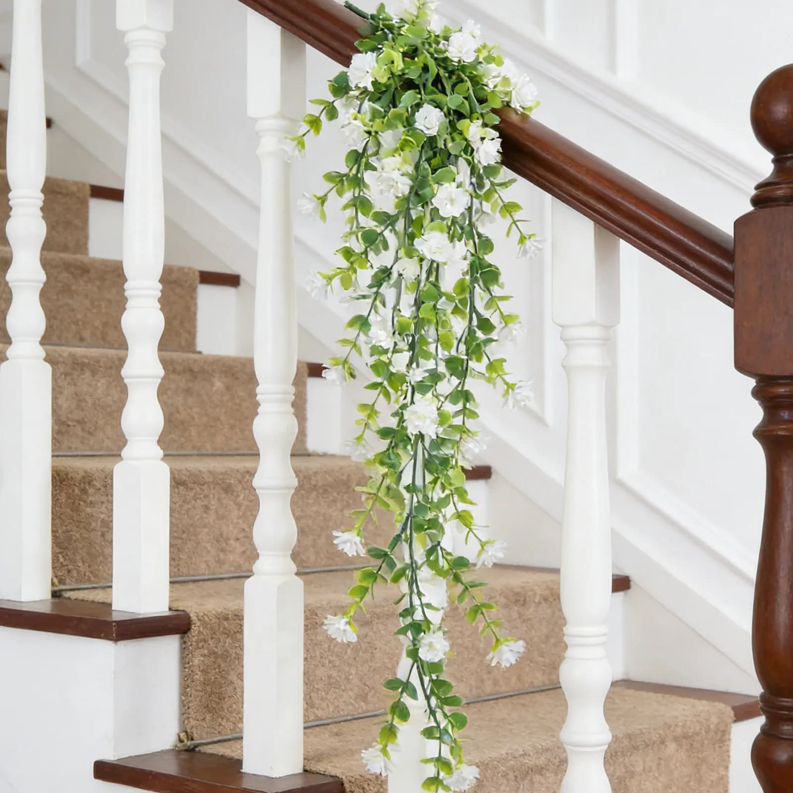 1Set Lifelike Artificial Fern Fronds and Trailing White Blossom Vine for Hanging Plant Decor Low Maintenance Home Office Garden