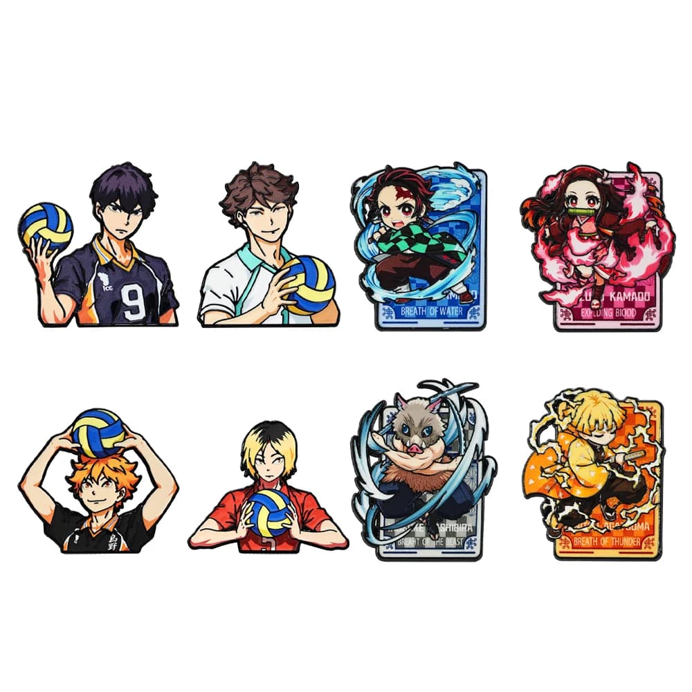 8pcs Japanese Anime Sports & Demon Character Enamel Pins Set Cartoon Volleyball Player Metal Lapel Brooches Aesthetic Decor Pin