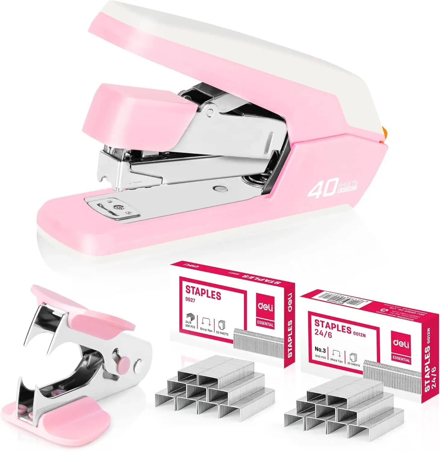 Cucitrice per impieghi gravosi, capacità 50 fogli, funzionamento con un dito, anti-inceppamento, base antiscivolo, rosa