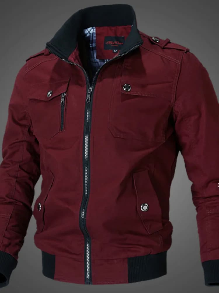Mens Slim Fit Stand Collar Casual Jacket Wine Red Contrast Color Multi Pockets Coat