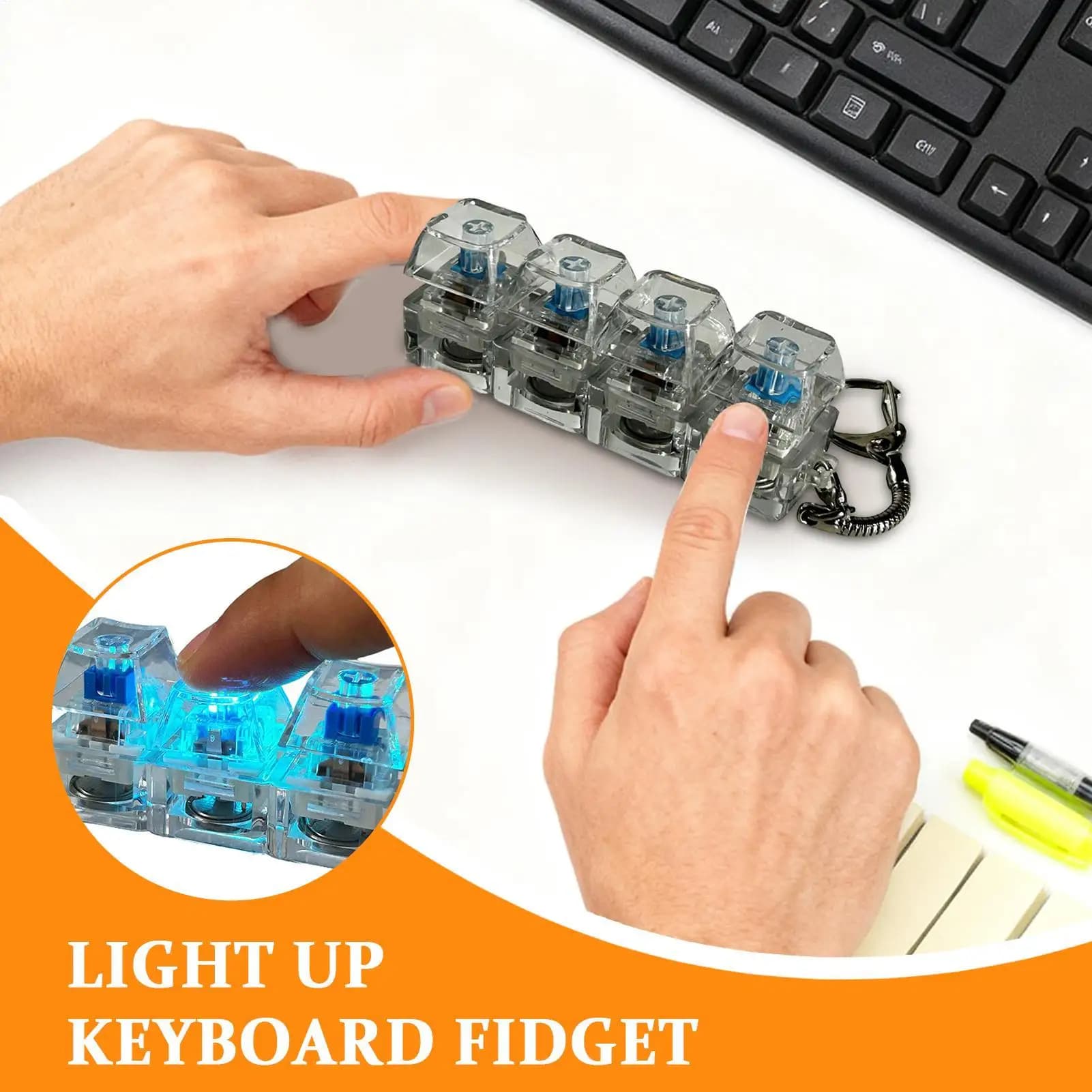 Tester per tastiera meccanica antistress per adulti, regalo, luci a LED colorate, portachiavi Fidget con 4 pulsanti chiave