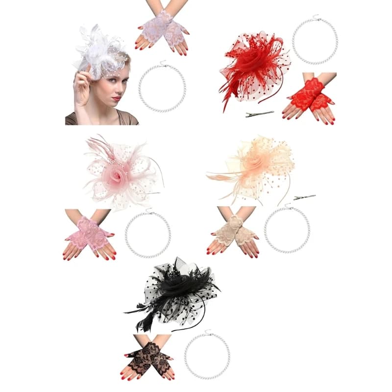 Eleganti accessori per capelli con piume vittoriane, guanti, collana gioielli perle, set per abiti da matrimonio, feste