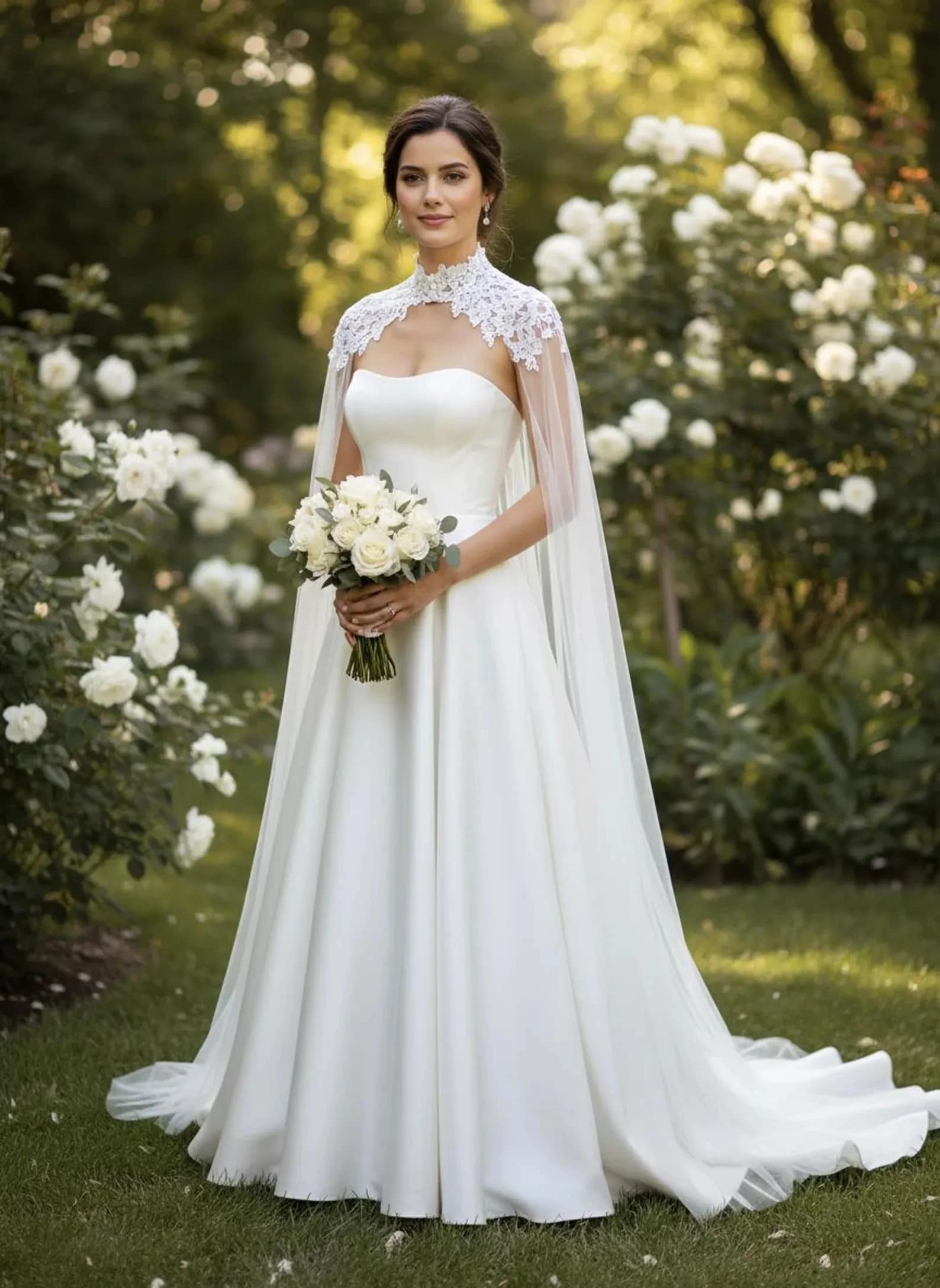 Cusstomized Lungo Pizzo Tulle Bolero da Sposa Mantello Collo Alto Bottoni Sposa Coprispalle Mantelle da Sposa Cappotto da Festa Formale Accessorio da Donna