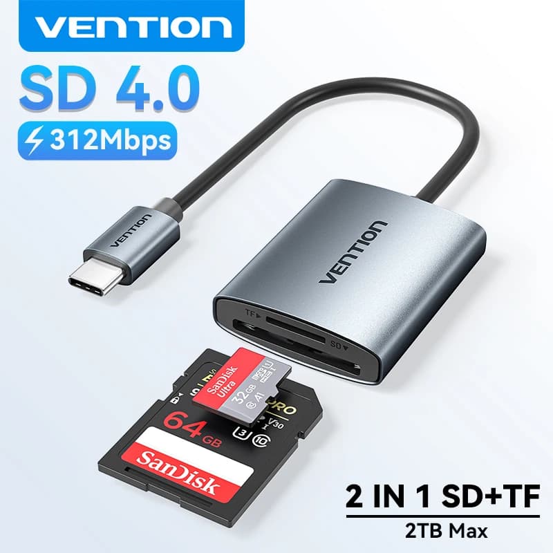 Vention Lettore di schede SD 4.0 Adattatore per scheda di memoria USB 3.0 da tipo C a SD Micro TF OTG da 312 Mbps per iPhone 17 MacBook Laptop PC Samsung