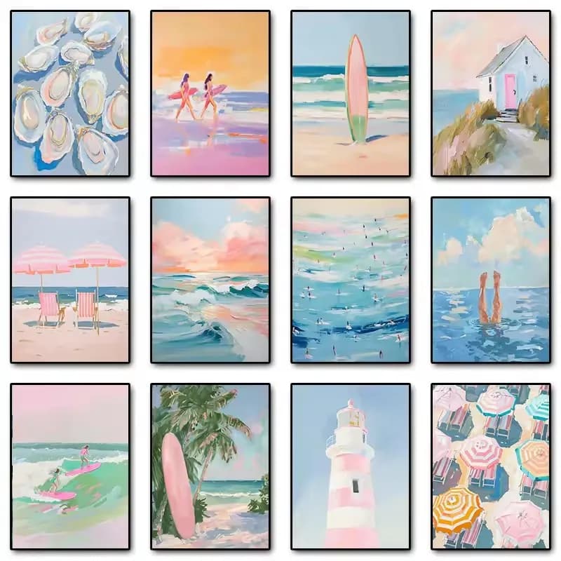Pink Watercolor Ocean Waves Seascape Poster Oyster Shell Beach Umbrella Surfing Diamond Printing Wall Art Picture Home Decor