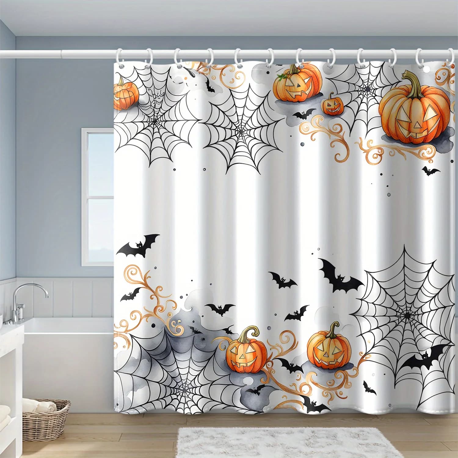 Tenda da doccia stampata con ragnatela di zucca del diavolo di Halloween con ganci, tessuto in poliestere