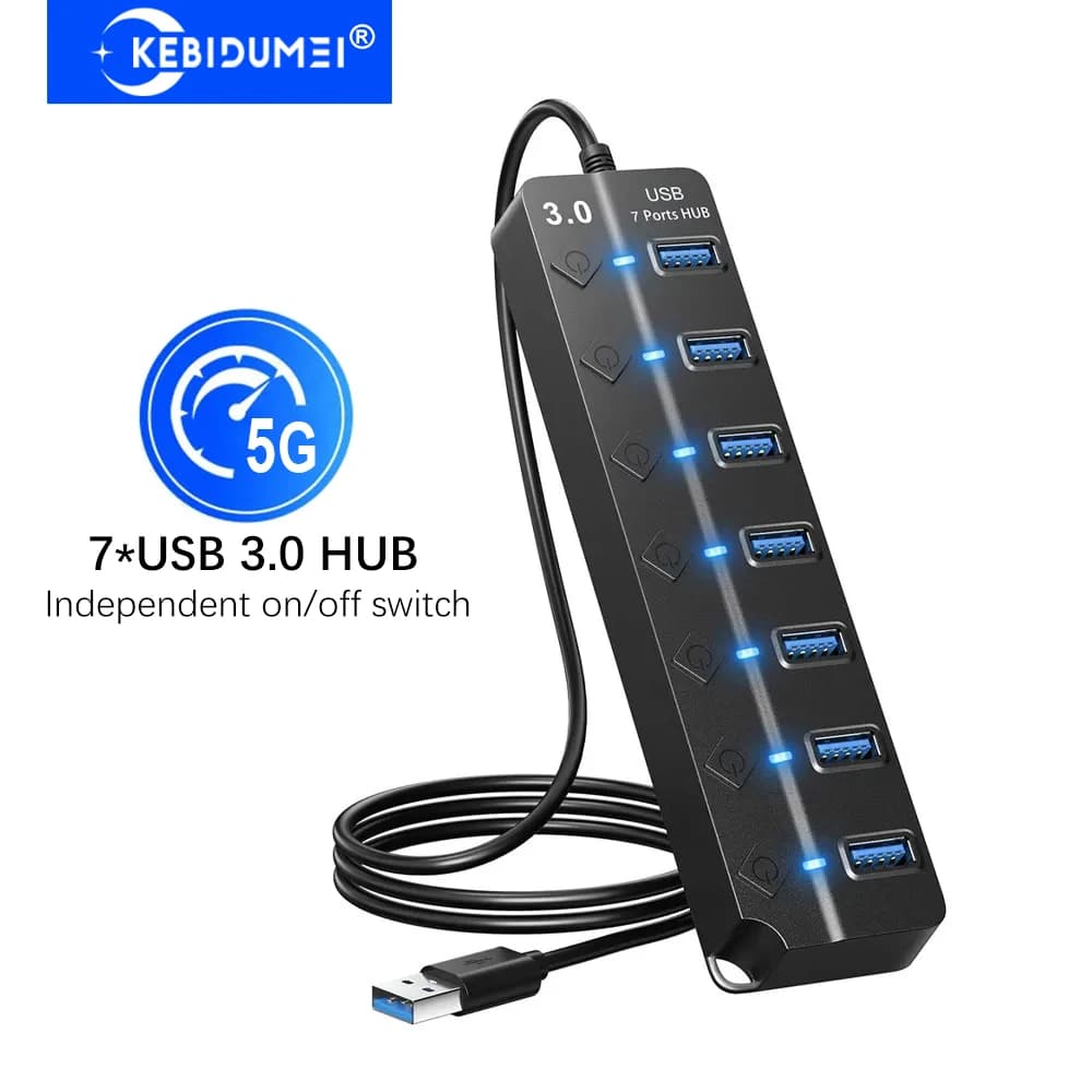 KEBIDUMEI Hub USB 3.0 7-in-1 con interruttore on/off, docking station USB C, splitter USB 3.0, trasmissione a 5 Gbps per PC, laptop, Macbook