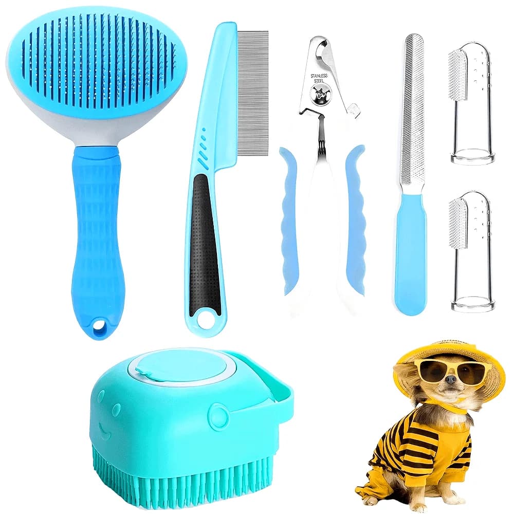 Set da 7 pezzi per toelettatura per animali domestici, pettine per peli di cane, pettine per pulci, spazzola per shampoo per cani, tagliaunghie per animali domestici, set di spazzolini da denti per cani