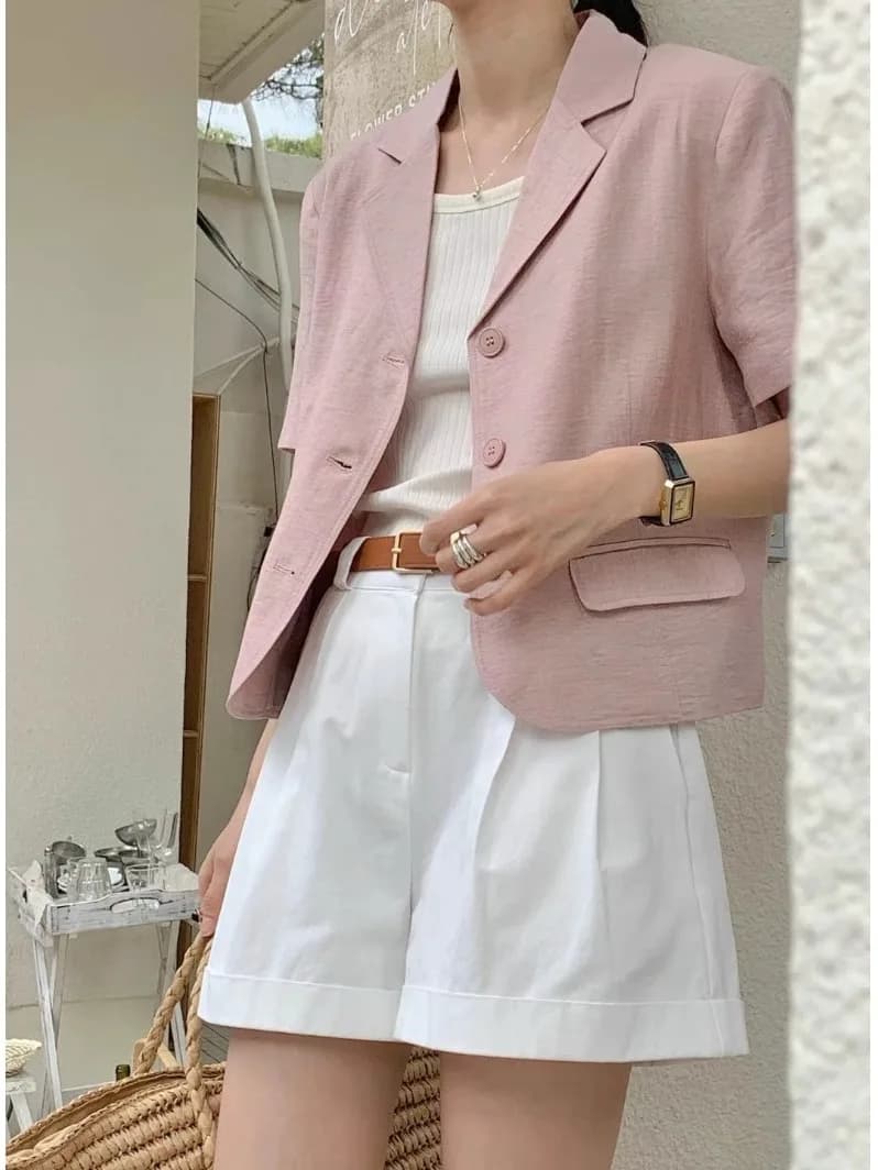 Chic Summer Anti-Aging Leisure Pure Color Short Sleeve Suit Jacket Single Button Notch Collar Casual Style Straight Cut Coat