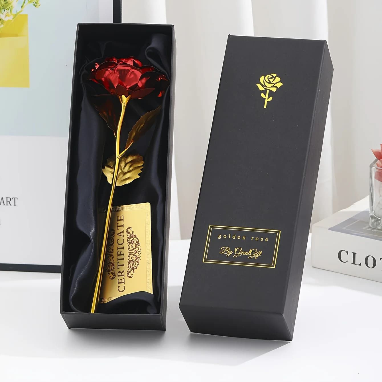 Rosa in lamina con scatola regalo e biglietto, regali di rose eterni per San Valentino, il Giorno del Ringraziamento, la Festa della Mamma, bomboniere e decorazioni per feste
