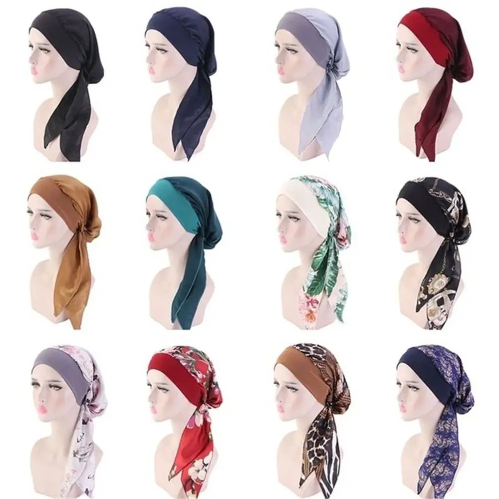 Adjustable Printed Elastic Pre-Tied Cancer Head Scarf Muslim Turban Hair Loss Hat Chemo Pirate Cap
