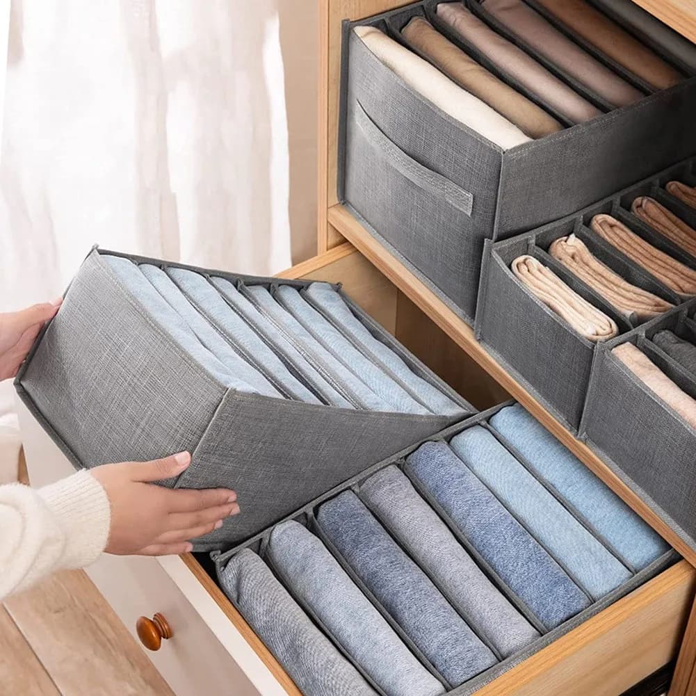 Organizzatore per armadio in 3 pezzi ABXF, scatole portaoggetti, organizer per jeans, scatola portaoggetti impilabile, scatola portaoggetti grigia per cassetti e armadi