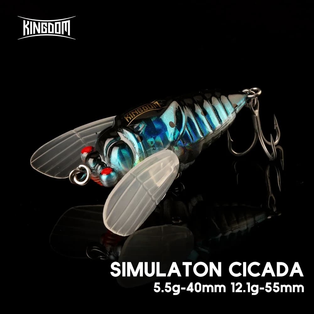 Kingdom Topwater Esche da pesca galleggianti 40mm 55mm Simulazione Cicala Esca dura Acqua salata Bionic Insect Swing Wobbler Richiamo di pesca