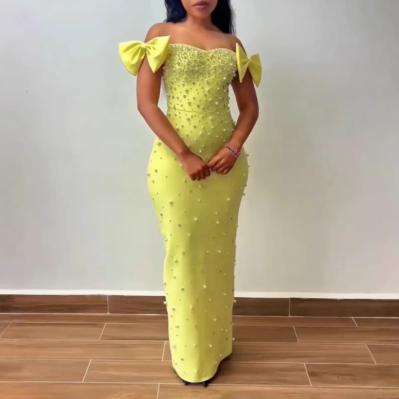 Elegante Abito Fasciante Senza Spalline con Fiocco sulle Spalle per Donna, Lussuoso Abito da Sera Formale di Alta Gamma