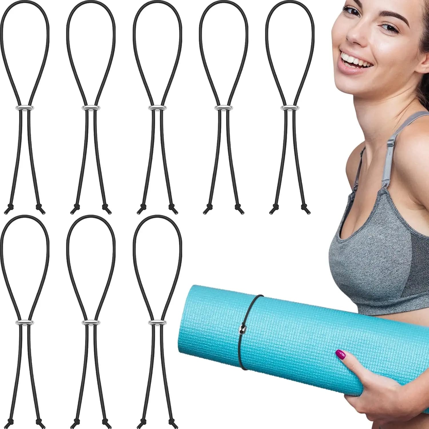8 cinghie per tappetini da yoga per il trasporto, fasce elastiche per riporre la maggior parte dei tappetini, 8 pollici, nere
