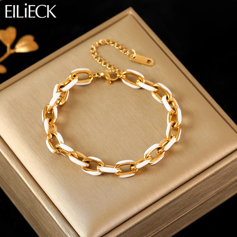 EILIECK Bracciale bianco smaltato creativo in acciaio inossidabile 316L per le donne Catena da polso alla moda Gioielli impermeabili Regalo Bijoux per feste