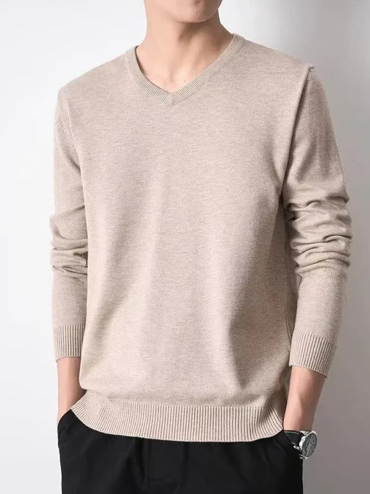Maglione Slim Fit a Maniche Lunghe in Filato Core Modal Traspirante Sottile con Scollo a V Stile Casual Comodo e Delicato sulla Pelle