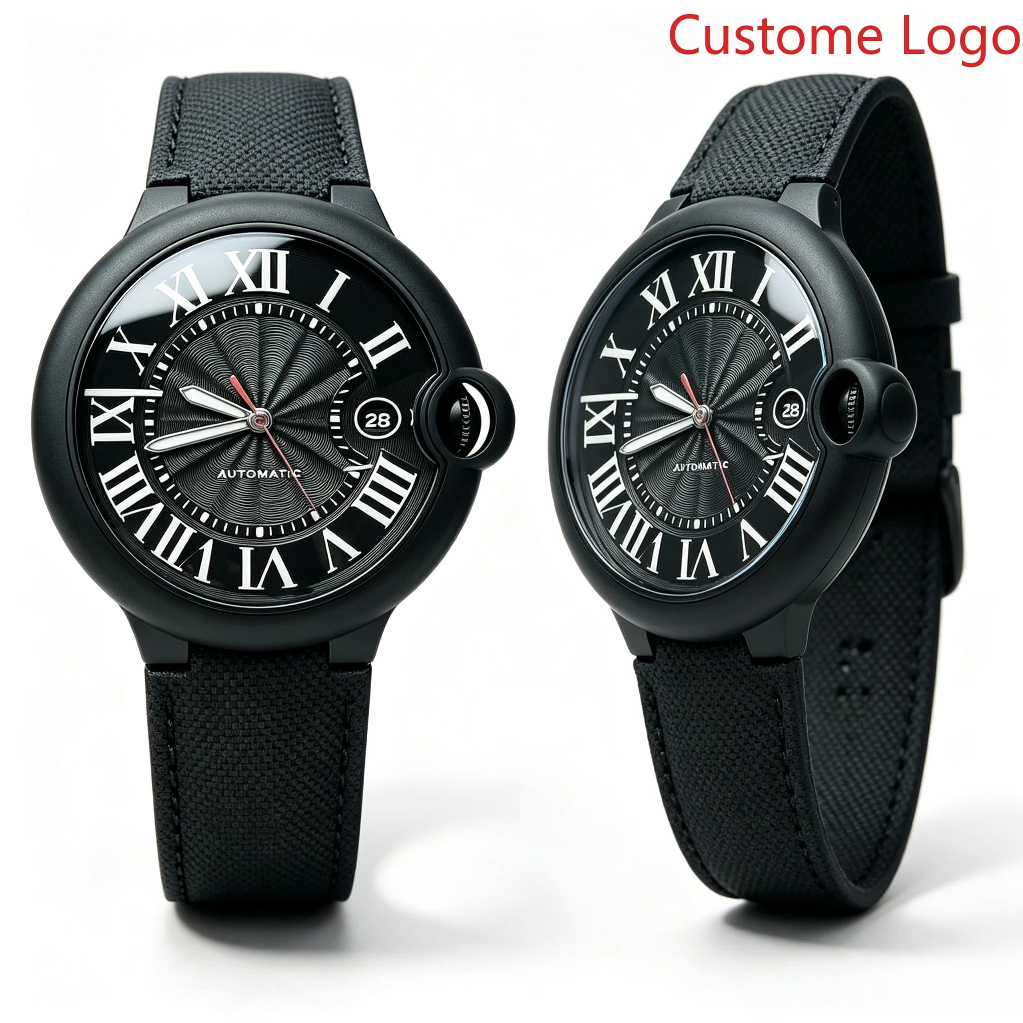Minimalist All Black Big Face Automatic Watch Unique Side Crown Radial Texture Dial Canvas Leather Band Vintage Roman Scale Men Mechanical Clock