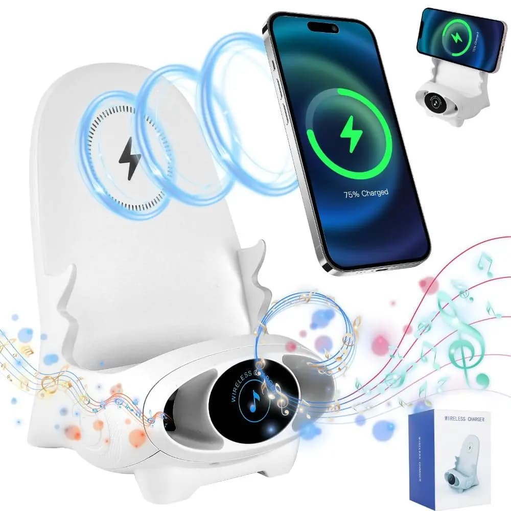 Caricatore Wireless Portatile a Forma di Mini Sedia con Funzione Altoparlante, Supporto per Telefono 3 in 1