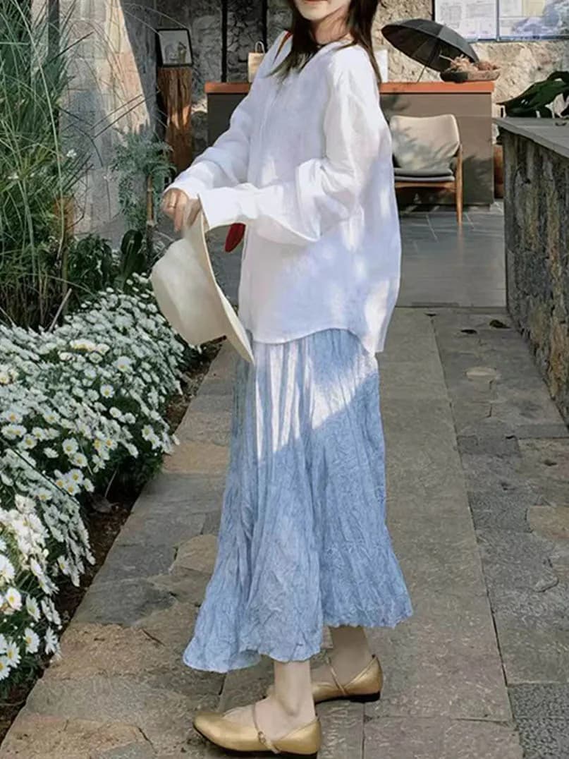 Elegant Early Spring Women's Long Sleeve Shirt Skirt Set Casual Loose Fit High Waist V Neck Breathable mid Weight Two Piece Suit