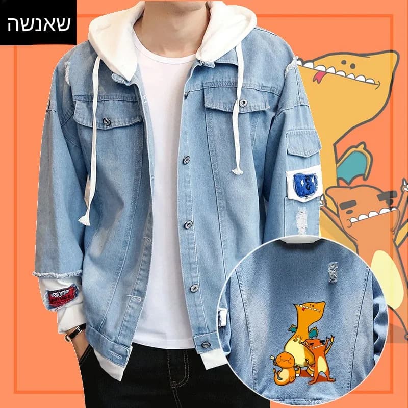 Kanto Trio Quirky Style Family Fire Dragon Male Denim Jacket Student Coat Geometric Pattern Hooded Single Button