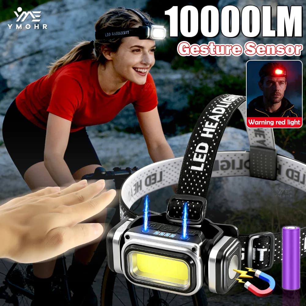 Testa LED Torcia frontale Sensore di gesti Faro 18650 USB C Lampada frontale ricaricabile Luce rossa Pesca Ciclismo Lanterna da campeggio