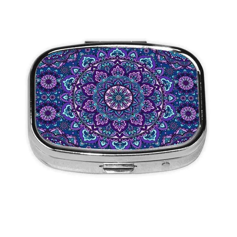 Blue Bookcase Mandala with 2 Departments, Portable Container for Medicines, Vitamins, Fish Oil and Supplements