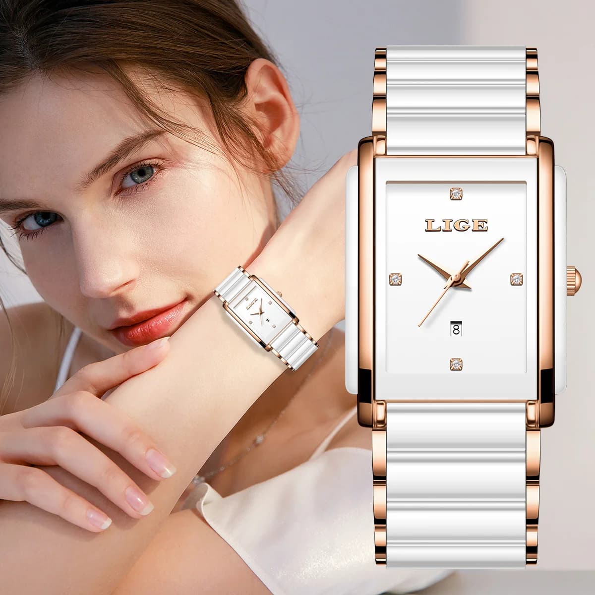 LIGE Elegant Woman Quartz Watches Simple Diamond Calendar Romantic Women Watch Fashion Ceramic Birthday Gift Ladies Wristwatches