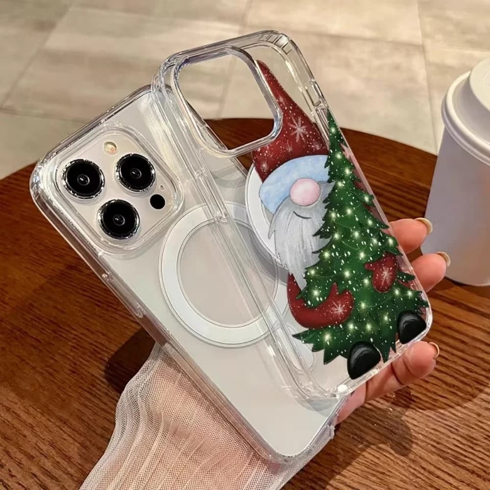 Cute Santa Claus Holding Xmas Tree Clear Acrylic+TPU Phone Case For iPhone 18 17 16 15 14 13 12 11 Pro Max Plus XR Magsafe Cover