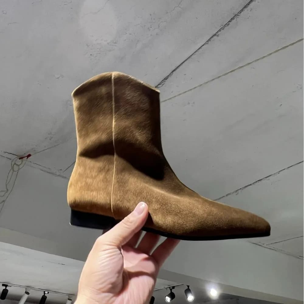 Stivaletti da Donna Autunno/Inverno, Edizione Coreana in Camoscio Opaco, Stivali Piatti a Punta, Stivaletti Corti in Denim