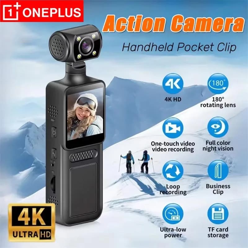 Telecamera d'azione Oneplus 4K HD 180 ° Mini telecamera portatile rotante Mini telecamera indossabile sportiva Visione notturna a infrarossi Sport DV Nuovo