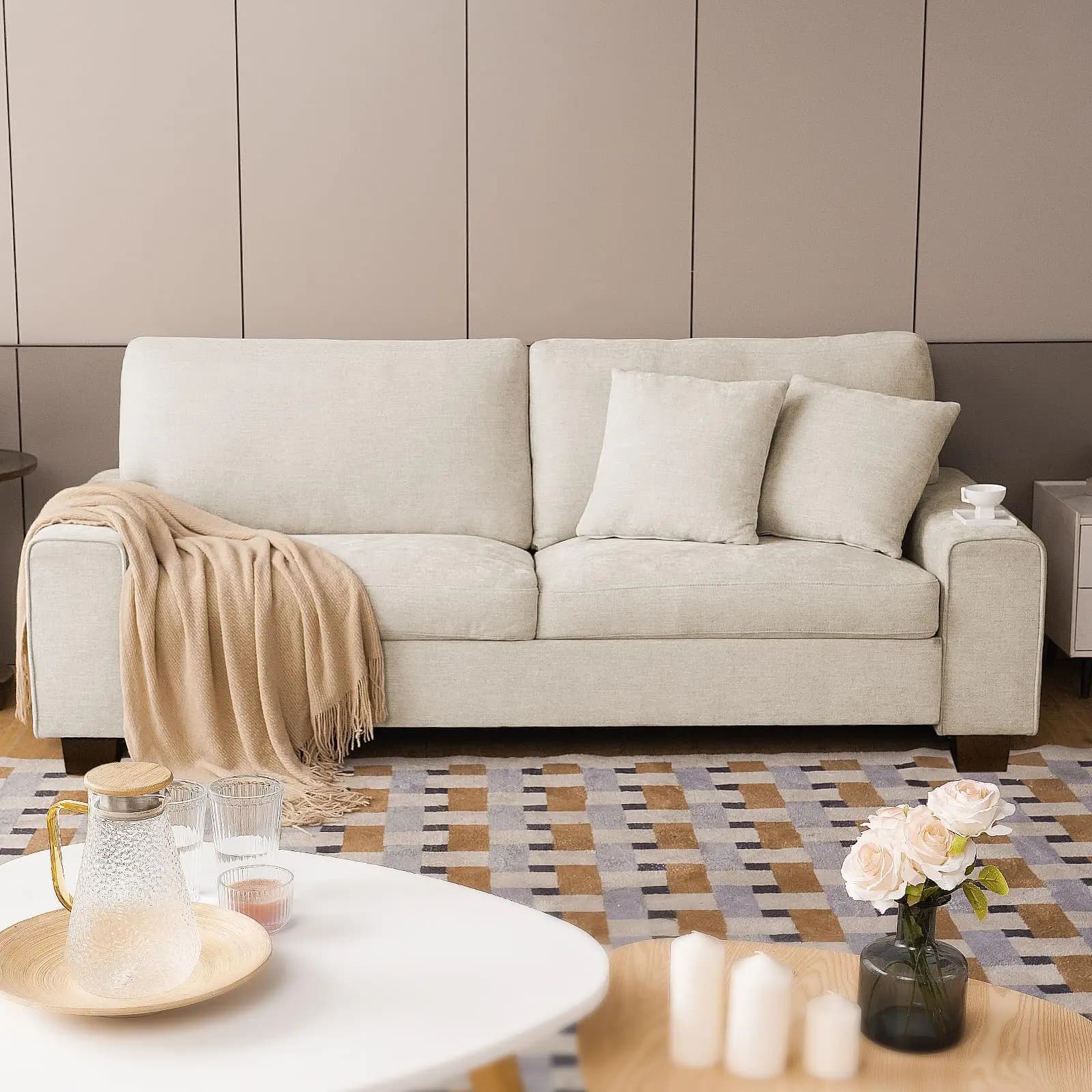 71.25" Chenille Loveseat Sofa, Beige, Modern Couch for Living Room | Removable washable cover, pocket spring cushions